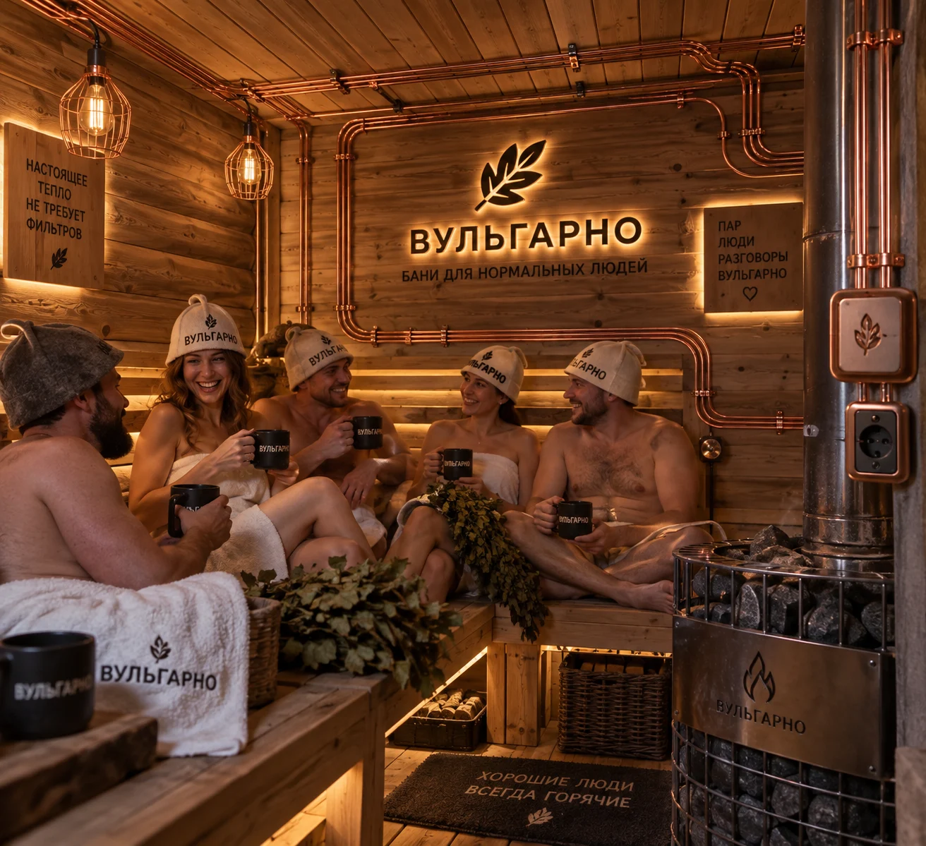 Друзья отдыхают в уютной деревянной сауне «Вульгарно»